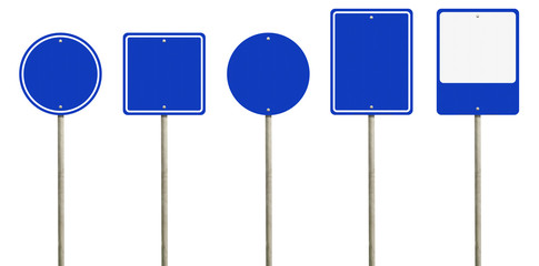 Wall Mural - Collection of blank blue road sign or Empty traffic signs isolated on white background. Objects clipping path