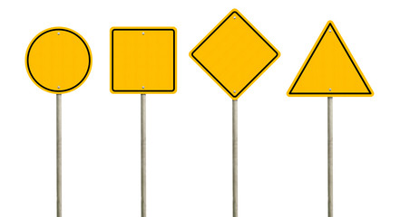 Collection of blank yellow road sign or Empty traffic signs isolated on white background. Objects clipping path