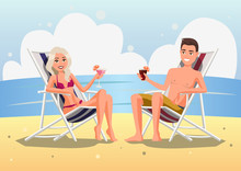 Couple On The Beach At Tropical Resort Travel Concept. Vector Illustration Of Woman And Man In Underwear With Cocktails In Chaise Lounge. People Sunbathing In Beach Chair. People On Summer Vacation.
