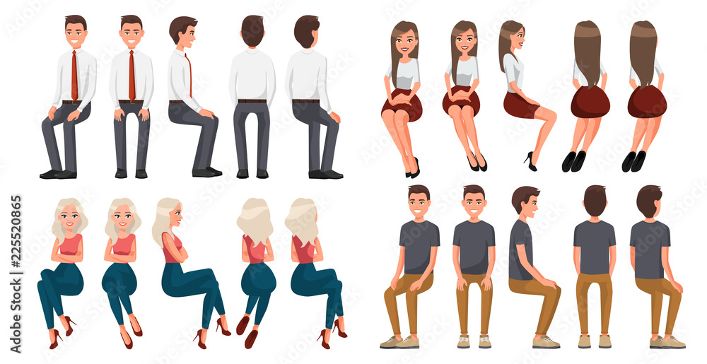 Big set of sitting people. Men in casual clothes and official clothes, woman in red skirt and a white blouse, woman in casual clothes . Cartoon realistic people. Flat young man. Front view, Side view - obrazy, fototapety, plakaty 