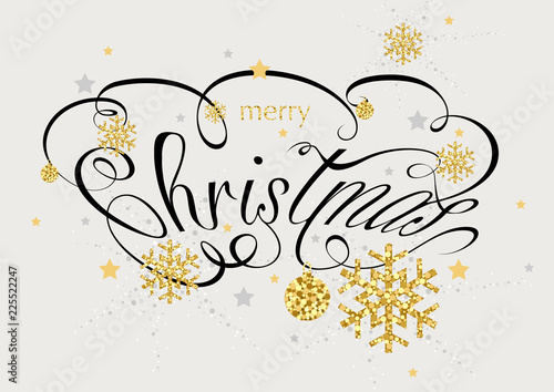 Merry Christmas Calligraphic Inscription Decorated with Golden Snowflakes and...