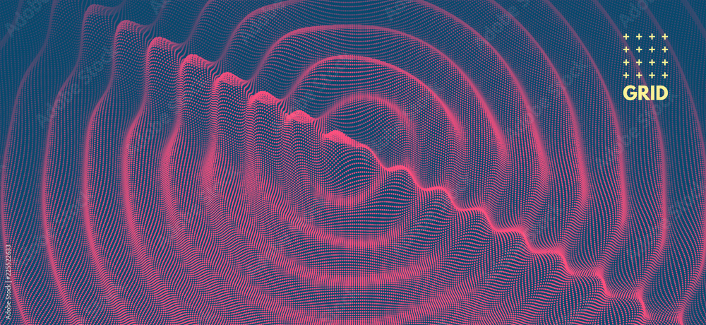 3D wavy background with ripple effect. Vector illustration with particle. 3D grid surface. - obrazy, fototapety, plakaty 