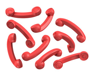 Wall Mural - 3d rendering of many red retro cordless phone receivers lying randomly on a white background.