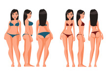 Vector Illustration Of Fat And Slim Women In Underwear. Vector Cartoon Realistic People Illustration. Flat Young Woman. Front View Girl,Side View, Back Side View , Isometric View. Losing Weight.