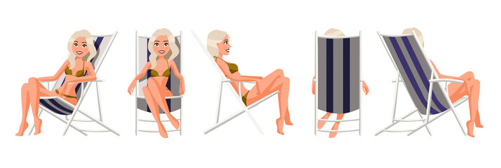 Vector illustration of women in underwear in chaise lounge. Cartoon realistic people. Flat young woman. Front view girl, Side view, Back side view, Isometric view. Slim woman sunbathing in beach chair