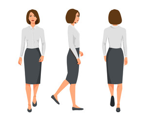 Wall Mural - Vector illustration of three walking business woman  in official clothes. Cartoon realistic people illustartion.Flat young woman.Front view girl,Side view girl,Back side of girl