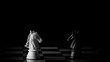 © sema_srinouljan - white and black horse chess encounter on a chessboard in the dark background. - Business leader and fight concept.