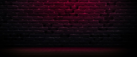 Background of an empty dark-black room. Empty brick walls, lights, smoke, glow, rays