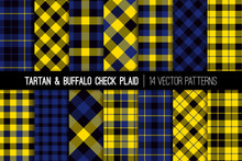 Yellow, Black And Blue Tartan And Buffalo Check Plaid Vector Patterns. Trendy 90s Style Fashion Textile Prints. Classic Scottish Checkered Fabric Textures. Pattern Tile Swatches Included.