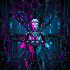 Wall Mural - the quantum zen queen / 3d illustration of female android hardwired to computer core