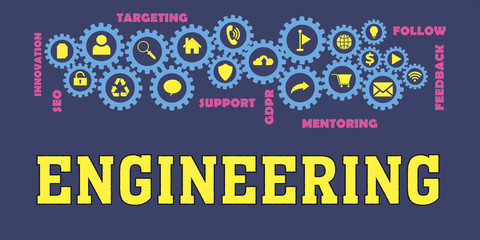 ENGINEERING Panoramic Banner with Gears icons and tags, words. Hi tech concept. Modern style