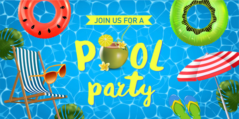 Pool party invitation vector illustration. Top view of swimming pool with pool floats.