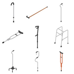 Sticker - Crutches icon set. Isometric set of crutches vector icons for web design isolated on white background