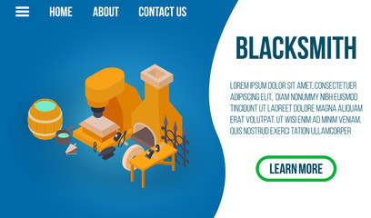 Blacksmithing concept banner. Isometric banner of blacksmithing vector concept for web, giftcard and postcard