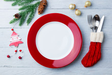 Christmas, New Year Celebration Place Table Setting. Wooden Background. Copy Space. Top View.