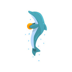 Wall Mural - Dolphin, jumping with ball, sea animal performing in public in dolphinarium vector Illustration on a white background