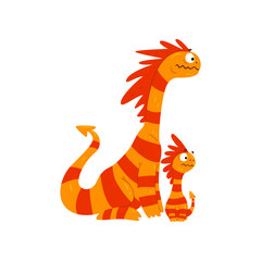 Wall Mural - Loving mother dragon and her baby, cute striped winged dragons, fantasy mythical animals cartoon characters vector Illustration on a white background