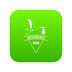 Sticker - Newborn stork icon green vector isolated on white background