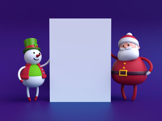 3d render, Christmas illustration, snowman and santa claus holding blank banner, white page, festive greeting card mockup, isolated on violet purple background