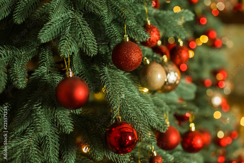 Christmas tree decorated with red balls Stock Photo | Adobe Stock