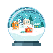 Christmas Snow Globe With Small Houses. Isolated Vector Illusrtation