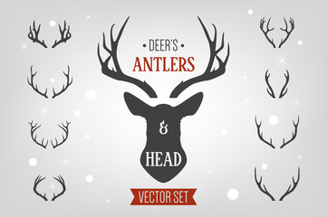 black silhouette hand drawn deer s horn, antler and head set. animal antler collection. design eleme