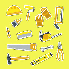 Canvas Print - Vector flat construction tools stickers collection isolated on yellow illustration