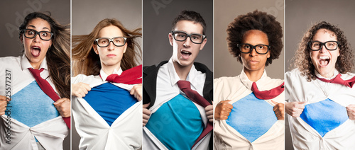 Fotografía group of people opening shirt like superheroes