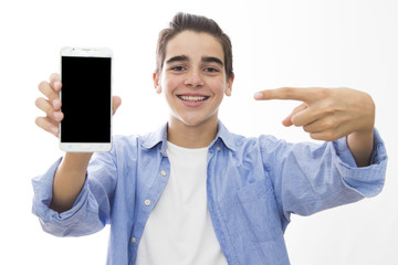 young smiling pointing mobile phone