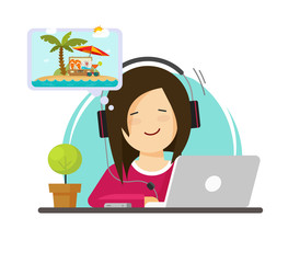Wall Mural - girl working on computer and dreaming of resort travelling, flat cartoon person work on desktop pc t