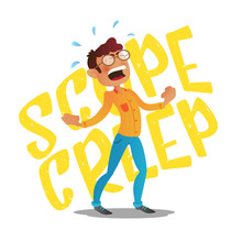 Scope creep inscription. Funny conceptual business vector cartoon illustration with screaming angry young man with glasses clenched his fists and raised their hands up isolated on white background