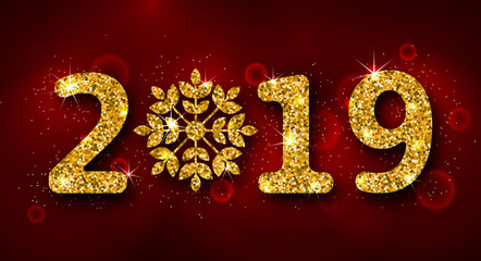 Poster - 2019 Text, Golden Glitter Background for Happy New Year