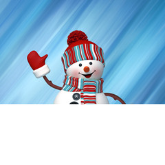 3d render, digital illustration, happy snowman waving hand, above the blank banner, Christmas card template, blue holiday background