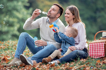 Wall Mural - Happy family enjoying picnic in nature