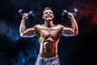 © zamuruev - Handsome bodybuilder doing Exercise for the shoulder muscles, deltoid with dumbbell. Studio shot. Smoke.