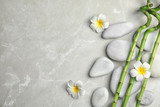 Fototapeta Bambus - Bamboo branches, spa stones and flowers on gray background, top view. Space for text