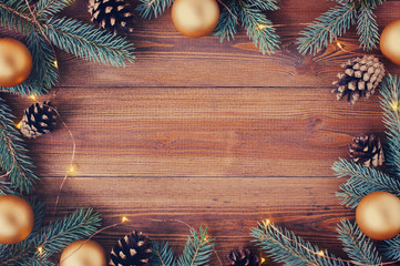 brown wooden background with festive christmas decoration