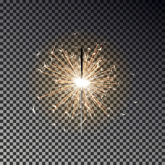 Wall Mural - Bengal fire. New year sparkler candle isolated on transparent background. Realistic vector light eff