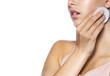 © Leonid & Anna Dedukh - closeup portrait of attractive young caucasian  woman brunette isolated on white studio shot lips toothy smile face head and shoulders cleanıng her face wıth cotton dısks