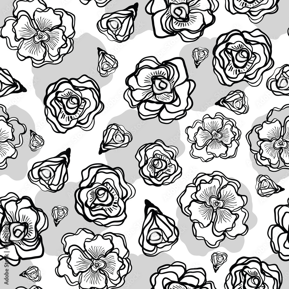 Black on White Flower Line Art Seamless Vector Pattern. Hand Drawn Floral  Rose Texture Graphic for Packaging, Fashion Prints, Stationary, Paper Goods  and Trendy Wrapping. Monochrome Style Backdrop. Stock Vector | Adobe, image size:1000x1000
