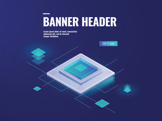 Digital technology, server room isometric icon, computer central processor CPU ,big data processing, smart technology dark neon