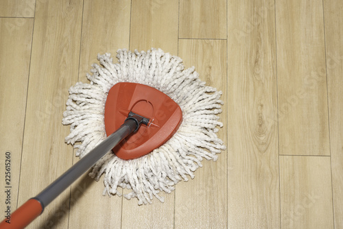 Flat Triangle Red Wet Mop On Parquet Floor Above View And Close