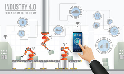 Move to factory and industry in the future. People connecting with a factory using smartphone and exchanging data with a neural network. Smart industry 4.0 infographic. Artificial intelligence.