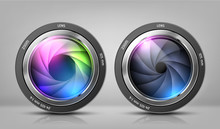 Vector Realistic Clipart With Two Camera Lenses, Photo Objectives With Zoom Isolated On Background. Optical System For Photographic Devices, Modern Equipment To Make Professional Shots