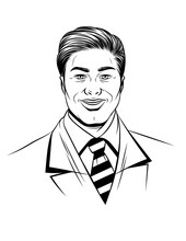 Vector Black White Illustration Of Happy Face Of A Young Man. Graphic Design Avatar Of A Smiling Man. Portrait Of A Handsome Successful Businessman Isolated On White Background