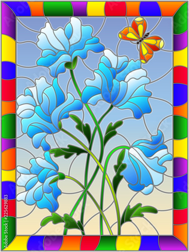 Dekoracja na wymiar  ilustracja-w-stylu-witrazu-z-niebieskimi-abstrakcyjnymi-kwiatami-i-motylem-na-niebieskim-tle
