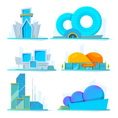 Canvas Print - Fantastic buildings of future. Vector cartoon pictures town construction, skyscraper architectural, famous stadium and office illustration