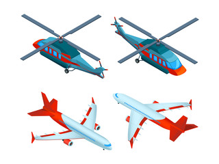 Poster - Helicopters isometric. 3d pictures of avia transport. Airplanes and helicopters. Airplane and helicopter, transportation air plane flight illustration vector