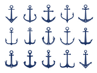 Wall Mural - marine anchor icons. designs of navy symbols anchors ship or boat. vector marine retro logotypes tem