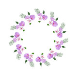 Fototapeta Motyle - Floral design wreath, with hibiscus flowers and leaves hand drawn. Colorful vector illustration